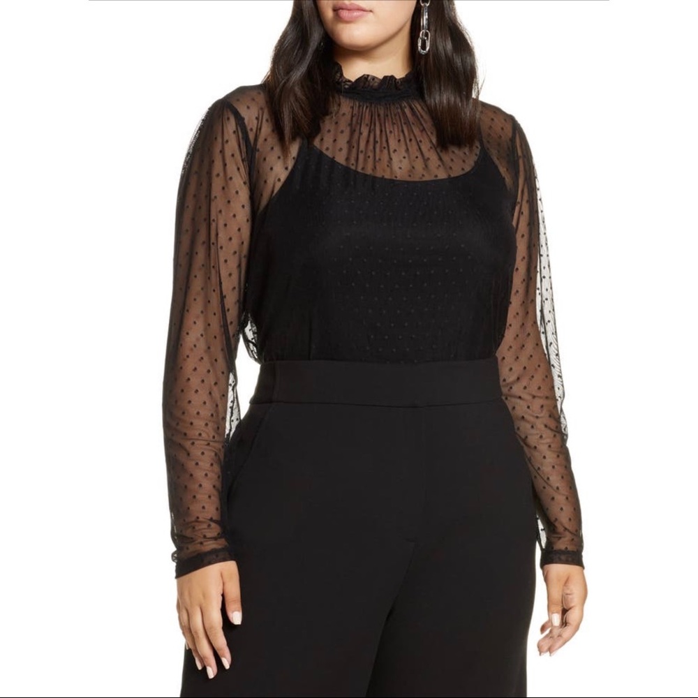 NWT Halogen Ruffle Neck Swiss Dot Mesh Top